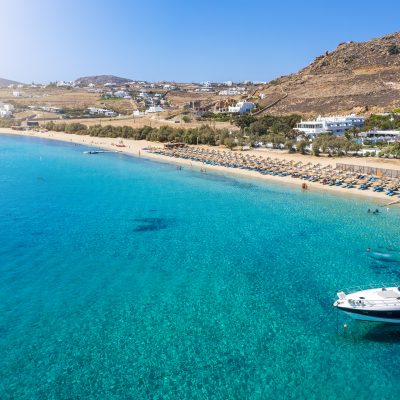 Aerial,View,To,The,Popular,Kalafatis,Beach,On,Mykonos,Island