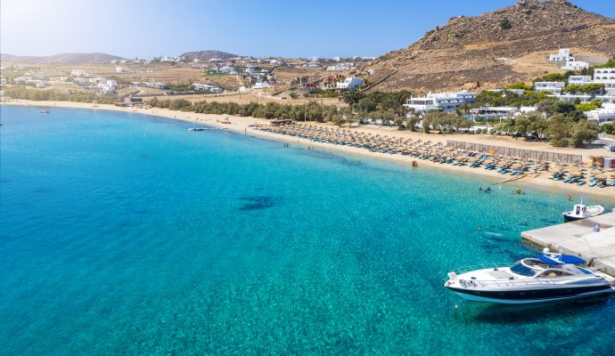 Aerial,View,To,The,Popular,Kalafatis,Beach,On,Mykonos,Island