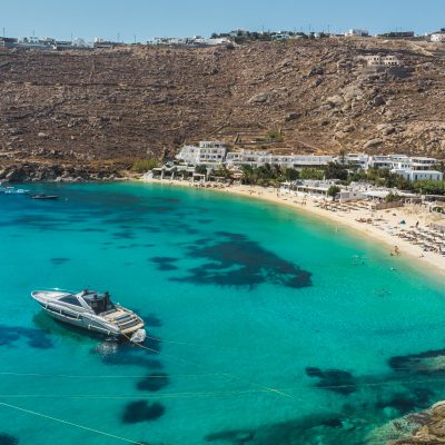 Aerial,Panoramic,View,Of,The,Famous,Psarou,Bay,With,Iconic